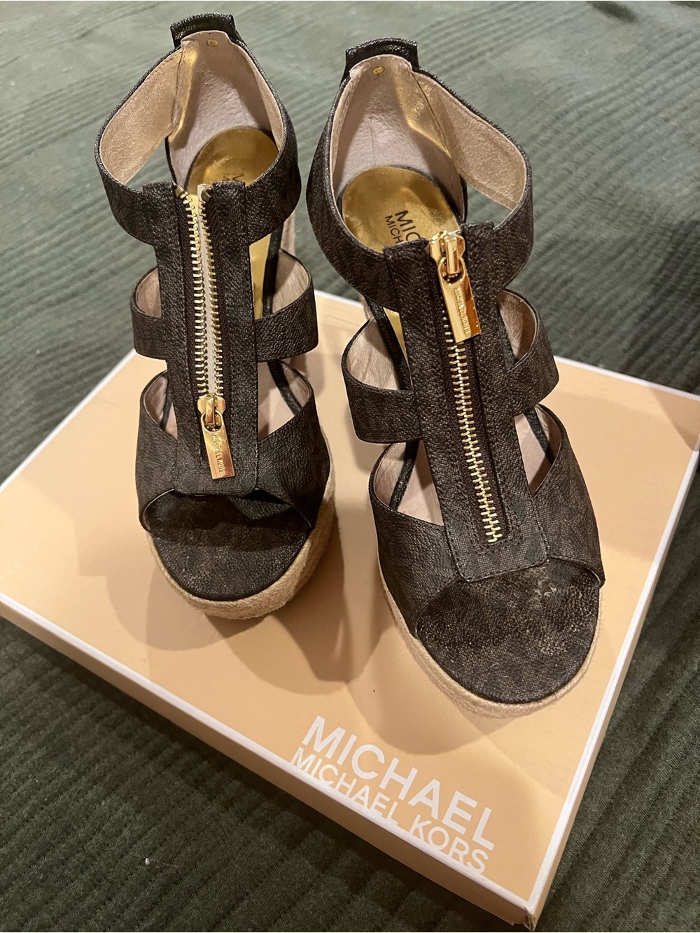 Michael Kors Black Espadrille Wedge Sandals with Gold Zip Detail